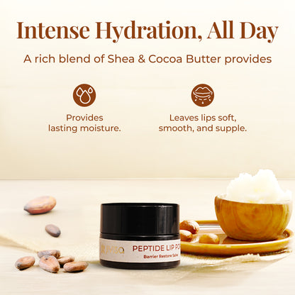 The image featuring JiViSa Peptide Lip Pop-barrier Restore Salve jar with shea nuts and a bowl of cocoa butter. The tagline read &quot;Intense Hydration, All Day&quot;. The text highlights A rich blend of Shea &amp; Cocoa Butter provides lasting moisture and leaves ip soft, smooth, and supple.