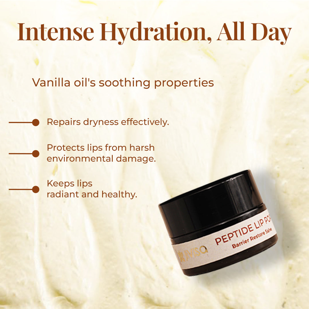 Visual of JIViSa Peptide Lip Pop- Barrier Restore Salve. Tagline reads &quot;Intense Hydration, All Day&quot; accompanied by Vanilla oil&
