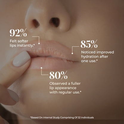 Close-up of glossy lips with finger applying JiViSa Peptide Lip Pop balm. Survey states: 92% felt softer lips instantly; 85% noticed hydration after one use; 80% observed a fuller lip appearance with regular use.&quot;

