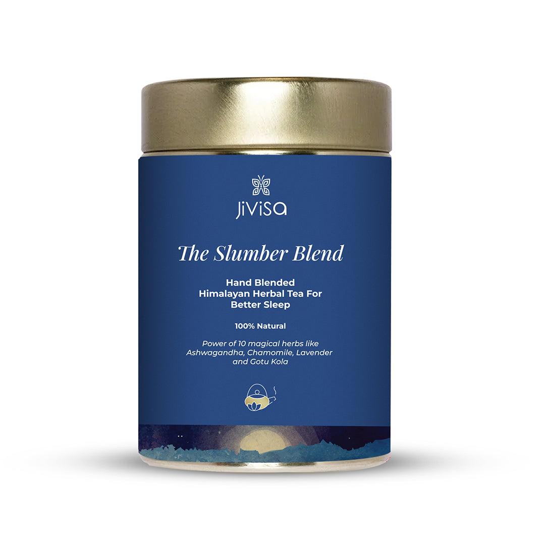 Tin container of JiViSa- The Slumber Blend Hand blended Himalayan Herbal Tea for Better sleep