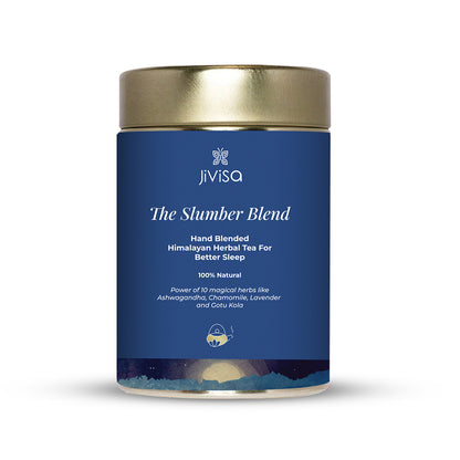 Tin container of JiViSa- The Slumber Blend Hand blended Himalayan Herbal Tea for Better sleep