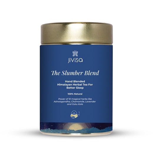 Tin container of JiViSa- The Slumber Blend Hand blended Himalayan Herbal Tea for Better sleep
