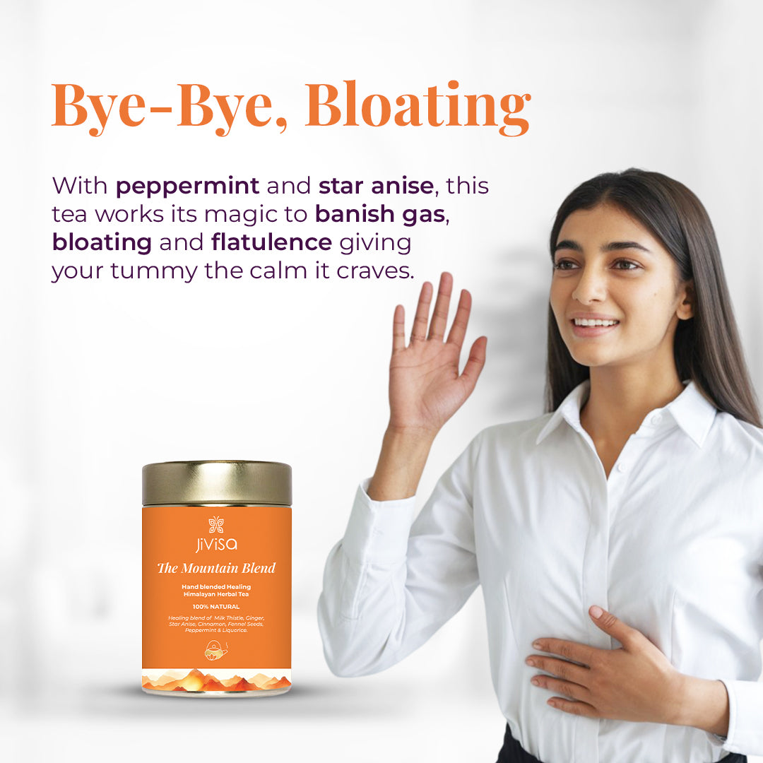 The image featuring a woman with one hand on her stomach &amp; other raised in a greeting and a tin of  JiViSa-The Mountain Blend Herbal tea next to her, with tagline Bye-Bye, Bloating. below it the text reads with peppermint and star anise, this tea works its magic to banish gas, bloating and flatulence giving your tummy the calm it craves.
