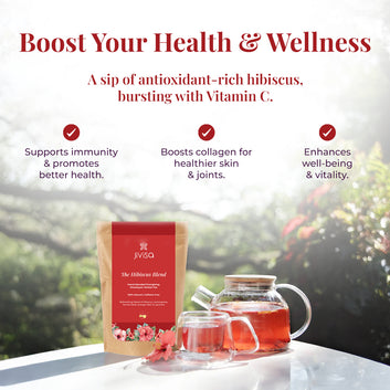 Image showcases JiViSa-The Hibiscus Blend Herbal tea pouch along with teapot & glass cup, with the tagline "Boost Your Health & Wellness" accompanied text a sip of antioxidant-rich hibiscus, bursting with Vitamin C, further highlighting its benefits with three key points, each accompanied by a checkmark: Supports immunity & promotes better health, Boosts collagen for healthier skin & joints and enhances well-being & vitality.