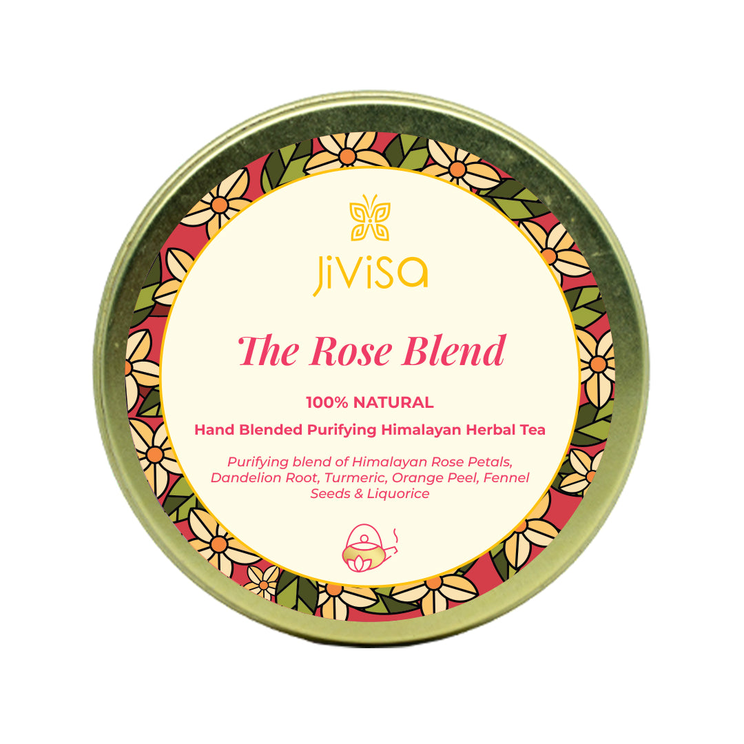 Mini tin container of JiViSa- The Rose Blend Hand blended Skin Purifying Himalayan Herbal Tea