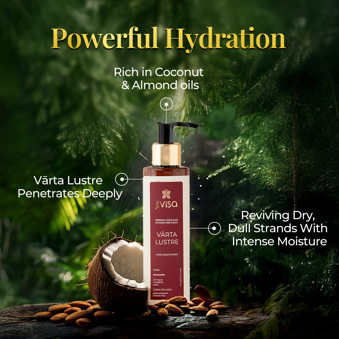 Image features a bottle of JiViSa Vārta Lustre Hair Conditioner placed in a lush, forest-like setting. Surrounded by coconut and almond seeds, the design highlights its key natural ingredients. The visual emphasizes the product’s moisturizing benefits with text pointing out that it is rich in coconut and almond oils, penetrates deeply, and revives dry, dull strands with intense moisture. 