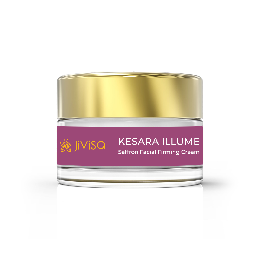 Front view of JiViSa's Kesara Illume Velvet Facial Cream, 8gm jar, showing  name of product KESARA ILLUME. Saffron Facial Firming Cream,  logo 