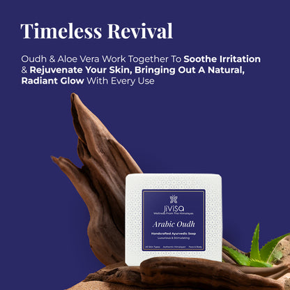 JiViSa Arabic Oudh Ayurvedic soap resting on an Oudh tree along with a Aloe vera leaf. Tagline: Timeless Revival. Text describe Oudh &amp; Aloe Vera Work Together to Soothe Irritation &amp; Rejuvenate Your Skin, Bringing Out a Natural, Radiant Glow with Every Use. Product details: All Skin Types, Authentic Himalayan, Face &amp; Body, Luxurious &amp; Stimulating.