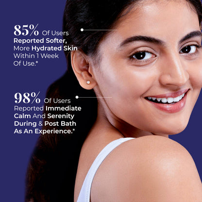 Close-up of a smiling young woman looking over her shoulder, with dark hair cascading down her back. Text overlay shows JiViSa Arabic Oudh Ayurvedic soap effectiveness statistics: 85% Of Users Reported Softer, More Hydrated Skin Within 1 Week of Use and 98% Of Users Reported Immediate Calm and Serenity During &amp; Post Bath as an Experience.