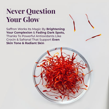 Image featuring a bowl overflowing with vibrant red saffron threads highlighting the skin-brightening properties of saffron, with a few individual threads scattered above. The headline &quot;Never Question Your Glow&quot; sets a confident tone. The accompanying text elaborates that Saffron Works Its Magic by Brightening Your Complexion &amp; Fading Dark Spots, Thanks to Powerful Antioxidants Like Crocin &amp; Safranal That Support Even Skin Tone &amp; Radiant Skin.

