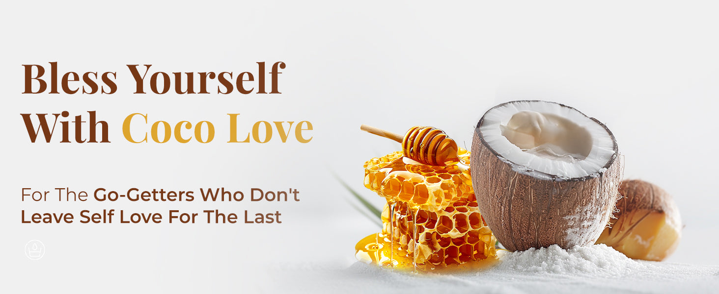 Coconut with honeycomb and honey dipper rest on a soft, minimal white backdrop with elegant text that reads: “Bless Yourself With Coco Love – For the go-getters who don't leave self-love for the last.” The visual highlights indulgent nourishment, aligning with JiViSa Coconut & Honey Ayurvedic Soap’s promise of deep hydration and care.
