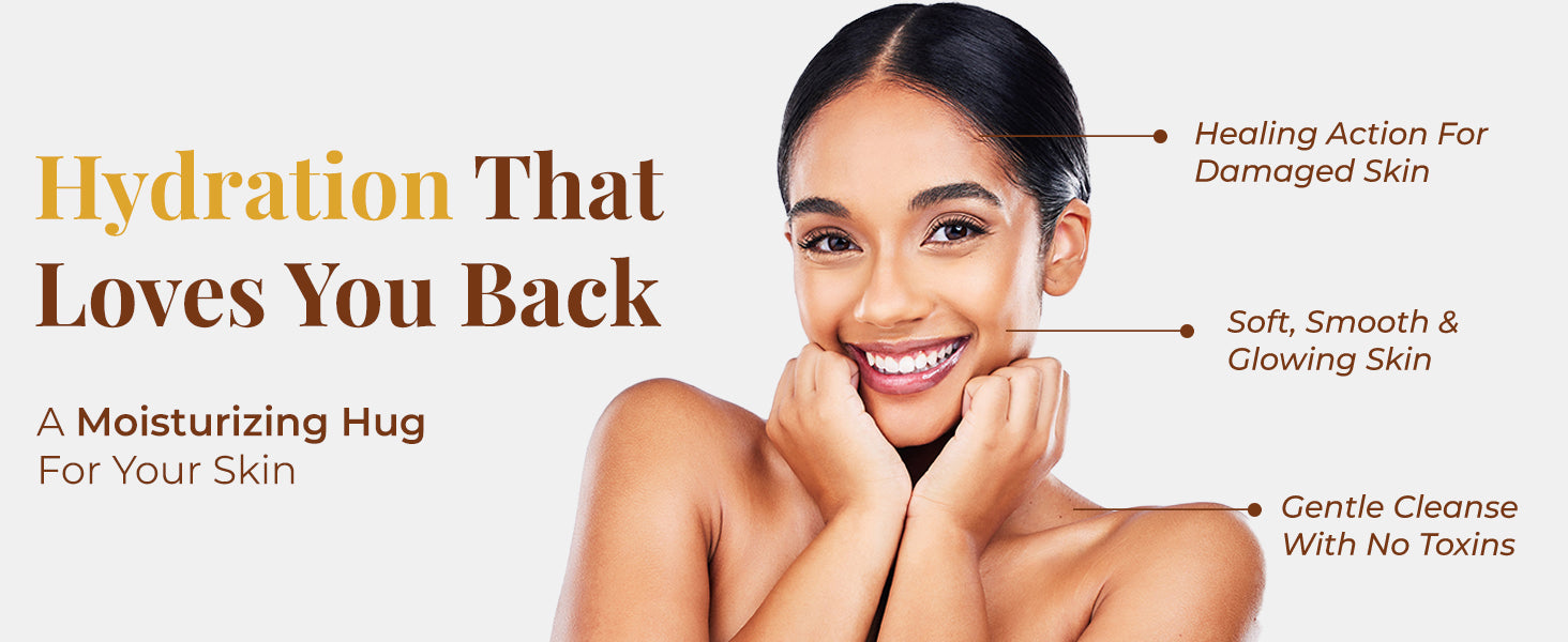 A glowing woman smiles confidently with the message “Hydration That Loves You Back-A Moisturizing Hug For Your Skin” Text labels point JiViSa Coconut & Honey Ayurvedic Handmade Soap benefits to skin—Healing action for damaged skin, soft, smooth & glowing skin, and gentle cleanse with no toxins.