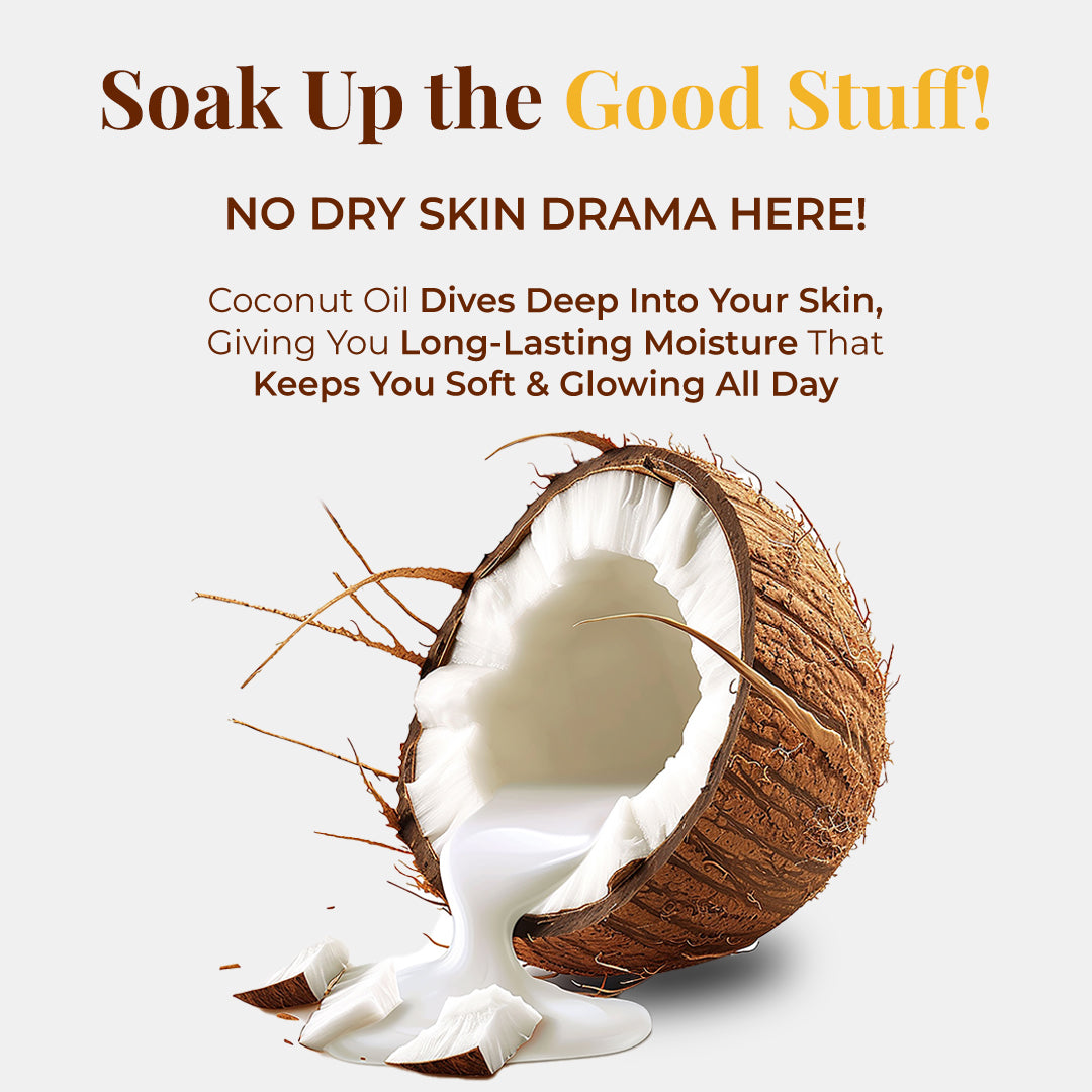 A cracked coconut half with white coconut milk spilling out onto a light surface, with a few small pieces of coconut meat. Tagline: Soak Up the Good Stuff! Sub-tagline: NO DRY SKIN DRAMA HERE! Text describes: Coconut Oil Dives Deep into Your Skin, Giving You Long-Lasting Moisture That Keeps You Soft &amp; Glowing All Day. Highlights the deep moisturising benefit of JiViSa Coconut &amp; Honey Ayurvedic Handmade Soap.