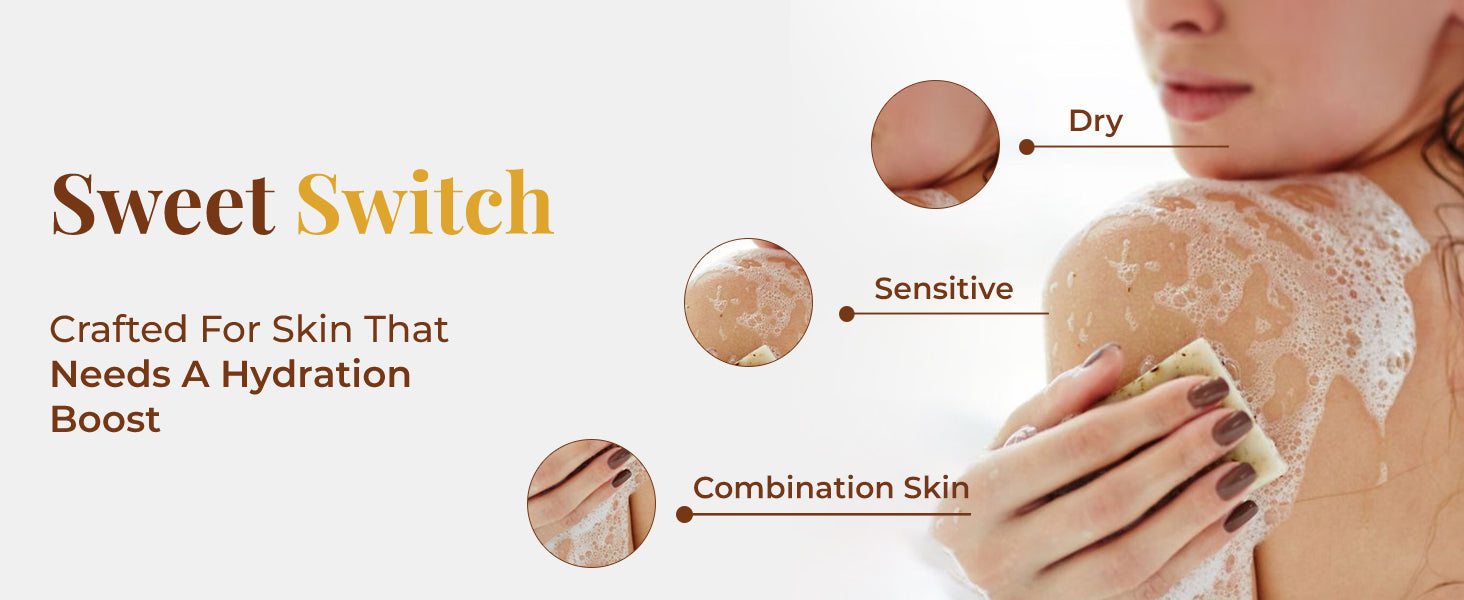 A woman lathering her shoulder with JiViSa Coconut & Honey Ayurvedic Handmade Soap appears calm and content. The heading reads “Sweet Switch,” followed by the subtext: 'Crafted for skin that needs a hydration boost.' With callouts pointing to common skin concerns—dry, sensitive, and combination skin.