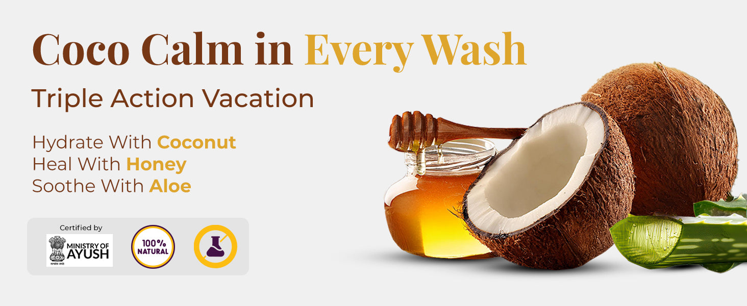 Coconuts, a honey jar with dipper, and fresh aloe vera slices are placed on the right side of the image, visually representing the ingredients of JiViSa Coconut & Honey Ayurvedic Soap. The tagline reads: "Coco Calm in Every Wash-Triple Action Vacation". Three benefits are listed: Hydrate with Coconut, Heal with Honey, and Soothe with Aloe. At the bottom left, three certification icons—Ministry of AYUSH, 100% Natural, and a lab-tested symbol—reinforce product credibility.