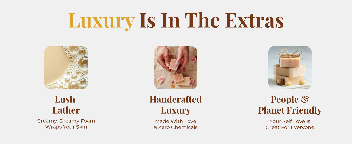 Headline reads: “Luxury Is In The Extras” with three visual sections highlighting the key features of JiViSa Coconut & Honey Ayurvedic Handmade Soap: creamy foam labeled “Lush Lather-Creamy, Dreamy Foam wraps your skin”, hands shaping soaps tagged “Handcrafted Luxury-Made with Love & Zero Chemicals”, and stacked soap bars with a bow noted as “People & Planet Friendly-Your Self Love is Great for everyone".