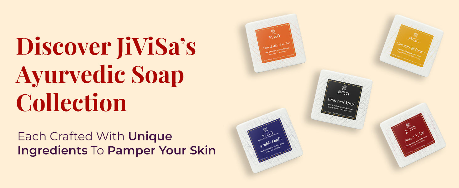Flat lay of JiViSa’s Ayurvedic soap range including Almond Milk & Saffron, Coconut & Honey, Charcoal Musk, Arabic Oudh, and Seven Spice. Bold red headline says: “Discover JiViSa’s Ayurvedic Soap Collection.” Subtext: 'Each Crafted With Unique Ingredients To Pamper Your Skin.'

