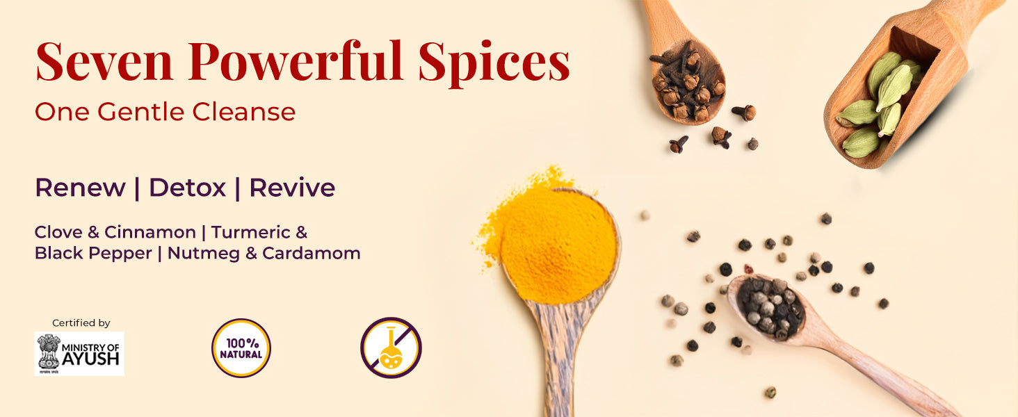 Top-down view of wooden spoons containing cardamom, clove, turmeric, and black pepper. Text reads: “Seven Powerful Spices – One Gentle Cleanse – Renew | Detox | Revive.” Ingredient list includes: Clove & Cinnamon, Turmeric & Black Pepper, Nutmeg & Cardamom. Certification icons shown below Certified by Ministry of AYUSH, 100%Natural and a No Harmful Chemicals symbol.
