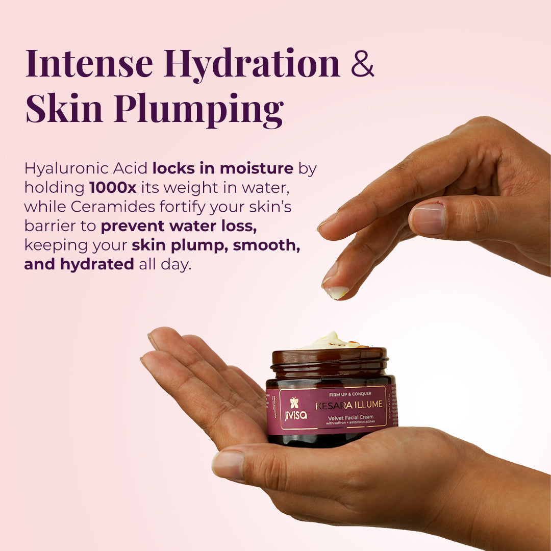 hands of a girl hold amber jar of 50gm of Jivisa's Kesara Illume and the text highlighted is " Intense hydration and skin plumping " Hyaluronic acid locks in moisture by holding 1000x its weight in water, while Ceramides fortify your skin's barrier to prevent water loss, keeping your skin plump, smooth, and hydrated all day.