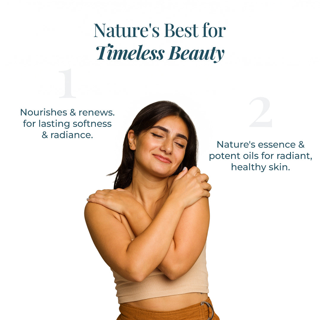 A serene woman with radiant skin embraces herself with a peaceful smile, symbolizing self-care and confidence. The image features the tagline “Nature’s Best for Timeless Beauty” along with two key benefits of JiViSa Aranya Glaze Buttery Body Milk: Nourishes &amp; renews for lasting softness &amp; radiance and Nature’s essence &amp; potent oils for radiant, healthy skin.