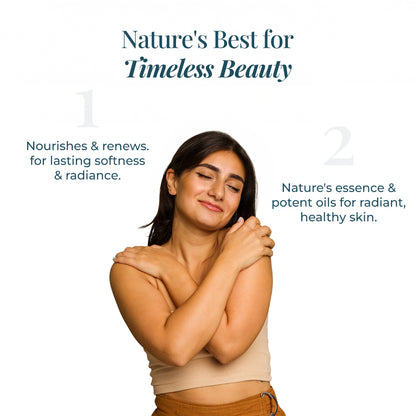 A serene woman with radiant skin embraces herself with a peaceful smile, symbolizing self-care and confidence. The image features the tagline “Nature’s Best for Timeless Beauty” along with two key benefits of JiViSa Aranya Glaze Buttery Body Milk: Nourishes &amp; renews for lasting softness &amp; radiance and Nature’s essence &amp; potent oils for radiant, healthy skin.