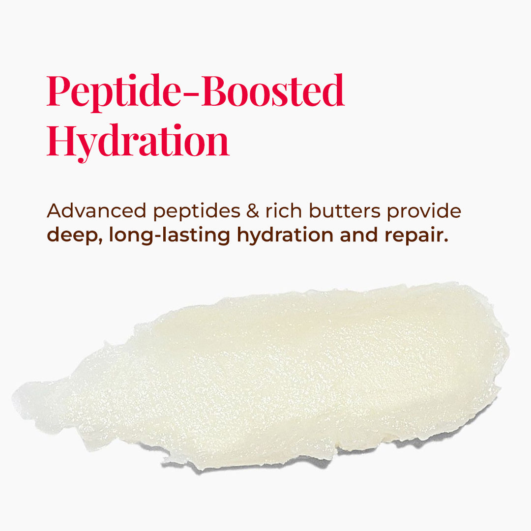 Smear of Peptide Lip Pop texture with text about peptide-boosted hydration and repair.