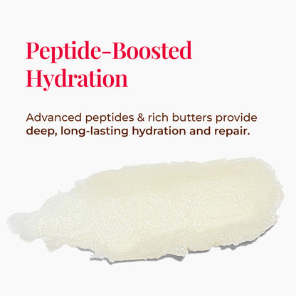 Tagline reads &quot;Peptide-boosted Hydration&quot;. The text read: Advanced peptides &amp; rich butters provide deep, long-lasting hydration and repair