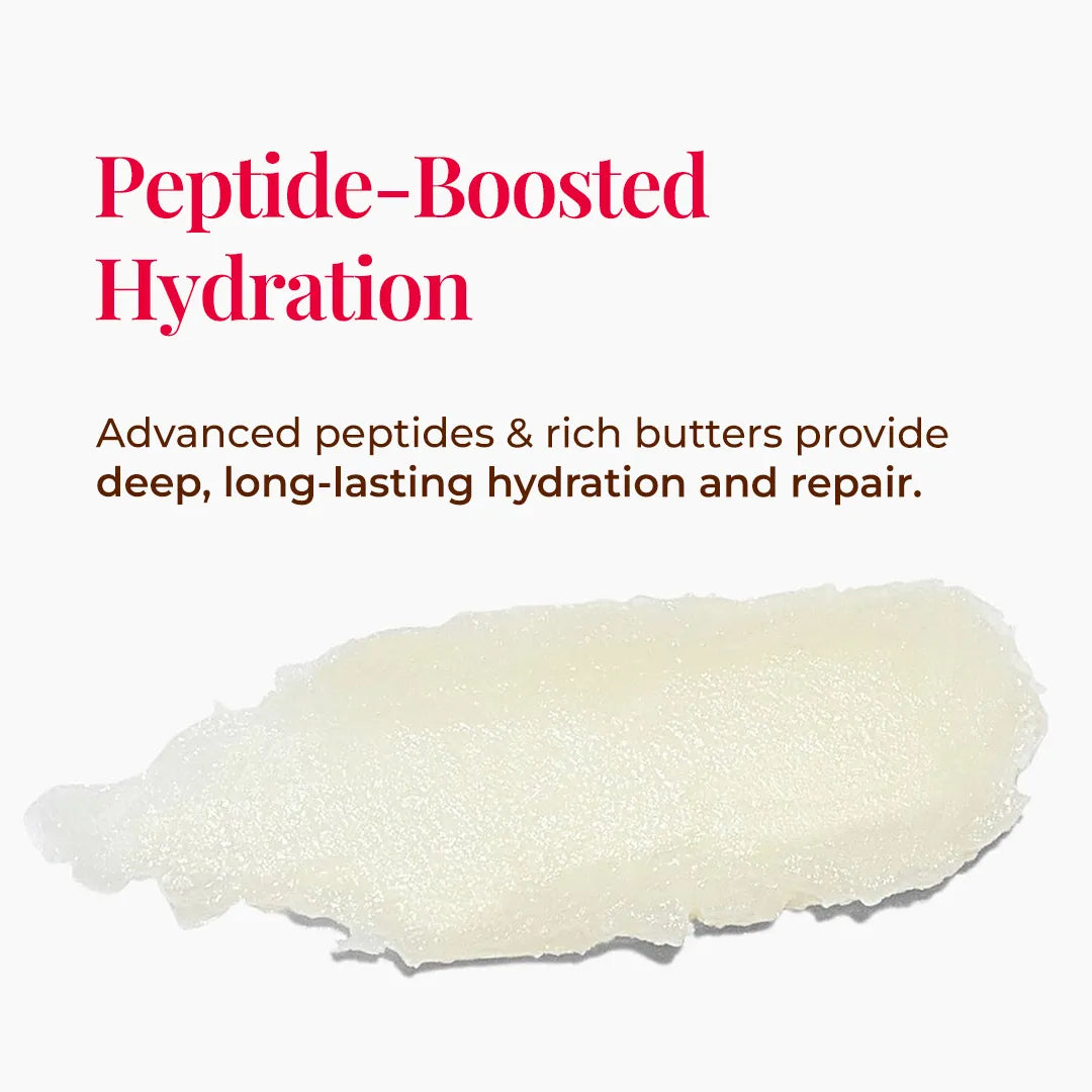Smear of Peptide Lip Pop texture with text about peptide-boosted hydration and repair.