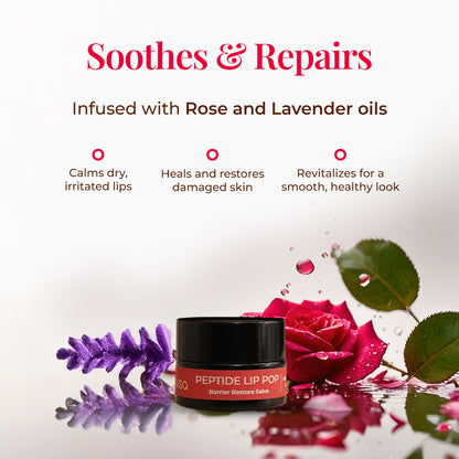 Visual of JiViSa Peptide Lip Pop - Barrier Restore Salve with rose and lavender flowers. Text highlights benefits: Soothes &amp; Repairs, infused with Rose and Lavender oils. Calms dry, irritated lips; heals and restores damaged skin; revitalizes for a smooth, healthy look.&quot;

