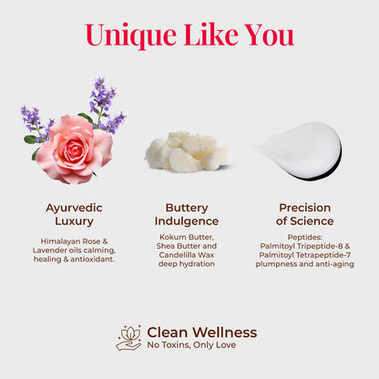 Graphic titled &quot;Unique Like You&quot; showcasing JiViSa Peptide Lip Pop Ingredients and its benefits: Ayurvedic luxury features Himalayan rose and Lavender oils for calming, healing &amp; antioxidant, Butter Indulgence include Kokum butter, Shea butter and Candelilla Wax for Deep Hydration, Precision of Science contains Peptides like Palmitoyl Tripeptide-8 and Palmitoyl Tetrapeptide-7, targeting plumpness and anti-aging. Clean Wellness - No Toxins, Only Love.

