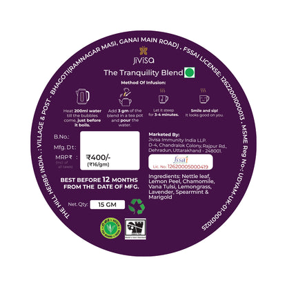 Back image of mini tin container of JiViSa- The Tranquility Blend Hand blended Stress Relieving Himalayan Herbal Tea