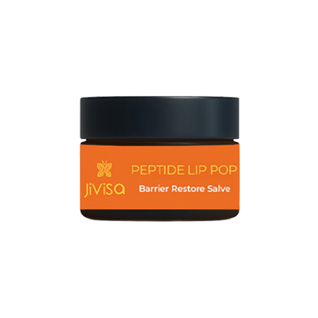 JiVisa peptide Lip Pop-Barrier Restore Salve with black lid and orange label.