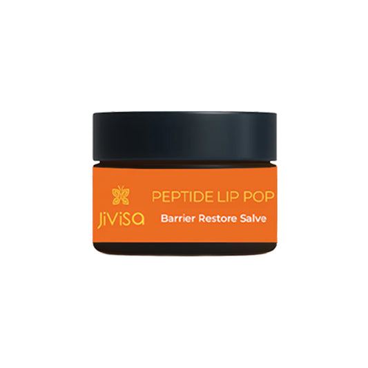 JiVisa peptide Lip Pop-Barrier Restore Salve with black lid and orange label.