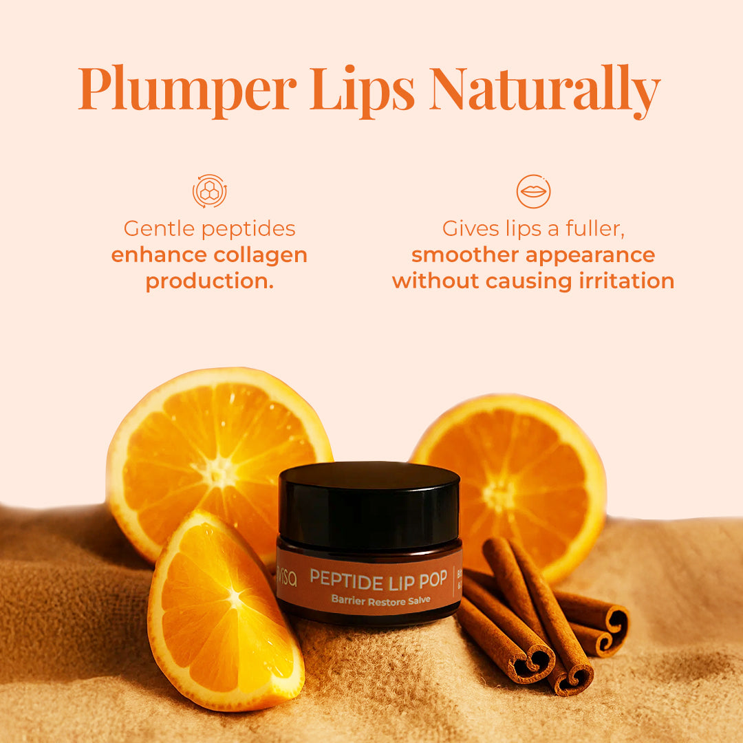 Peptide Lip Pop Salve Bitter Orange &amp; Cinnamon jar placed on sand with sliced oranges and cinnamon sticks, text about plumper lips and collagen-boosting peptides.