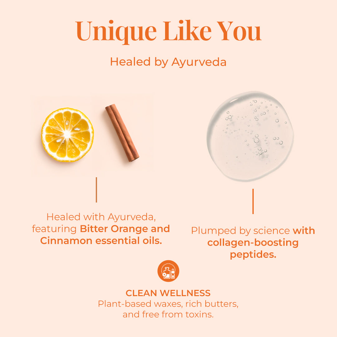 Ingredients visual showing bitter orange, cinnamon and gel texture with text about Ayurveda formulation, peptides and clean wellness lip care.