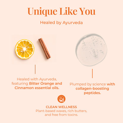 The tagline reads &quot;Unique Like You&quot; with title Healed by Ayurveda below it. JiVisa Peptide Lip Pop is described as being Healed with Ayurveda, featuring Bitter Orange and Cinnamon essential oils and Plumped by science with collagen-boosting peptides. The image also highlights CLEAN WELLNESS &quot;Plant-based waxes, rich butters, and free from toxins.&quot;
