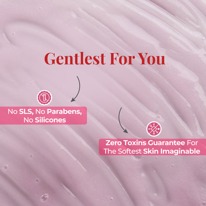Closeup image of Pinkish JiViSa Mridu Divine Body Cleanser with a tagline &quot;Gentlest For You&quot;. The text highlights the benefits of Mridu divine Body Cleanser in a pink box: No SLS, No parabens, No Silicones and Zero Toxins Guarantee for The Softest skin Imaginable.