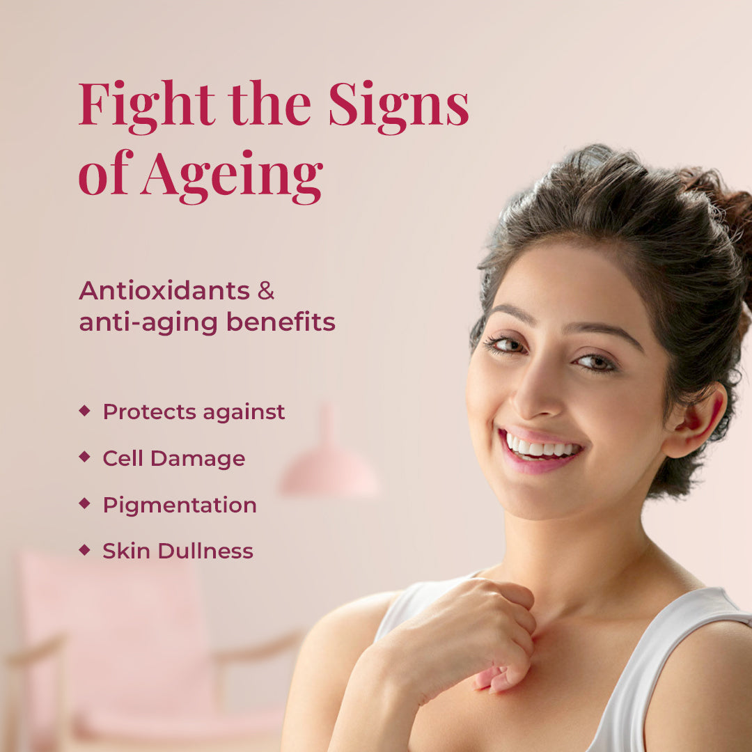 The image features a radiant woman smiling indicate the result of JiViSa- The Rose Blend Herbal tea. The tagline reads: Fights the Signs of Ageing and text describe Antioxidants &amp; anti-aging benefits specifies that it Protects against Cell Damage, Pigmentation, and Skin Dullness. 
