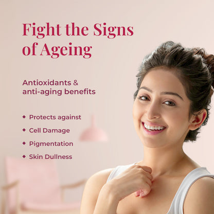 The image features a radiant woman smiling indicate the result of JiViSa- The Rose Blend Herbal tea. The tagline reads: Fights the Signs of Ageing and text describe Antioxidants &amp; anti-aging benefits specifies that it Protects against Cell Damage, Pigmentation, and Skin Dullness. 