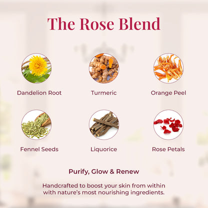 An ingredient showcases for JiViSa-The Rose Blend with the tagline: The Rose Blend. A grid of ingredients with names includes Dandelion Root, turmeric, Orange peel, fennel seeds, Liquorice and Rose Petals. At the bottom the title reads Purify, Glow &amp; Renew accompanied with the text highlights it is handcrafted to boost your skin from within with nature&
