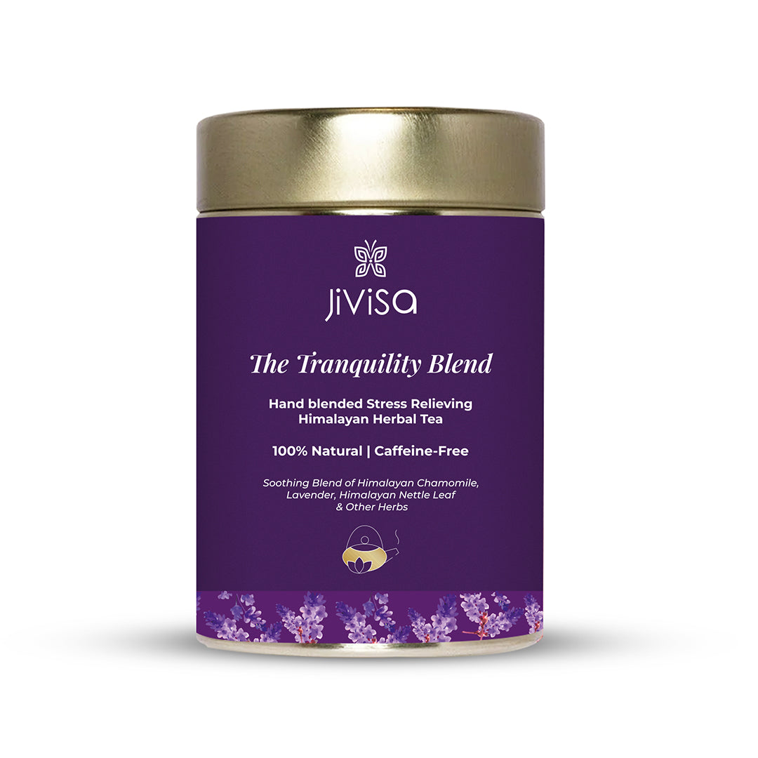 Tin container of JiViSa- The Tranquility Blend Hand blended Stress Relieving Himalayan Herbal Tea