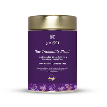 Tin container of JiViSa- The Tranquility Blend Hand blended Stress Relieving Himalayan Herbal Tea