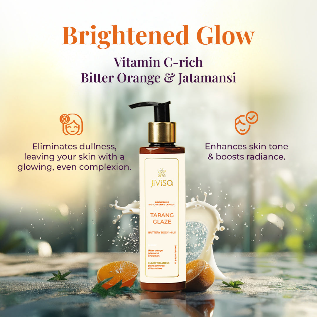 Image features a bottle of JiViSa Tarang Glaze Butter Body Milk surrounded by ingredients like bitter orange, Jatamansi, and splashes of milk. The tagline reads: "Brightened Glow "followed by a text reads ingredients including Vitamin C- rich Bitter Orange &amp; Jatamansi. Text highlighting product benefits: eliminate dullness, leaving your skin with a glowing, even complexion and enhance skin tone &amp; boosts radiance.
