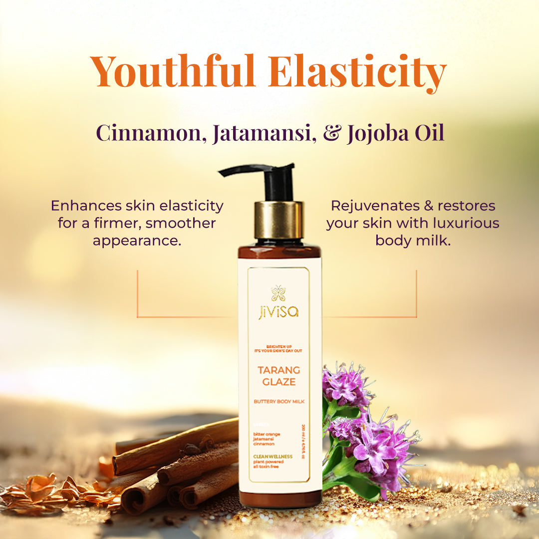 Image features a bottle of JiViSa Tarang Glaze Butter Body Milk surrounded by ingredients like Cinnamon sticks, Jatamansi roots and purple flowers. Text on the image highlights &