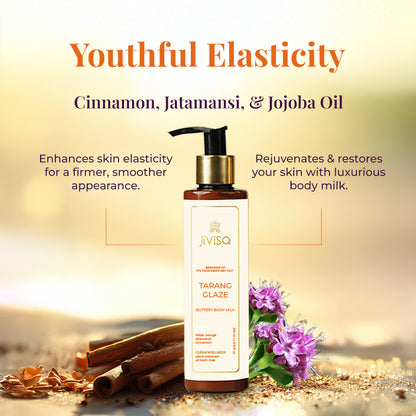 Image features a bottle of JiViSa Tarang Glaze Butter Body Milk surrounded by ingredients like Cinnamon sticks, Jatamansi roots and purple flowers. Text on the image highlights &