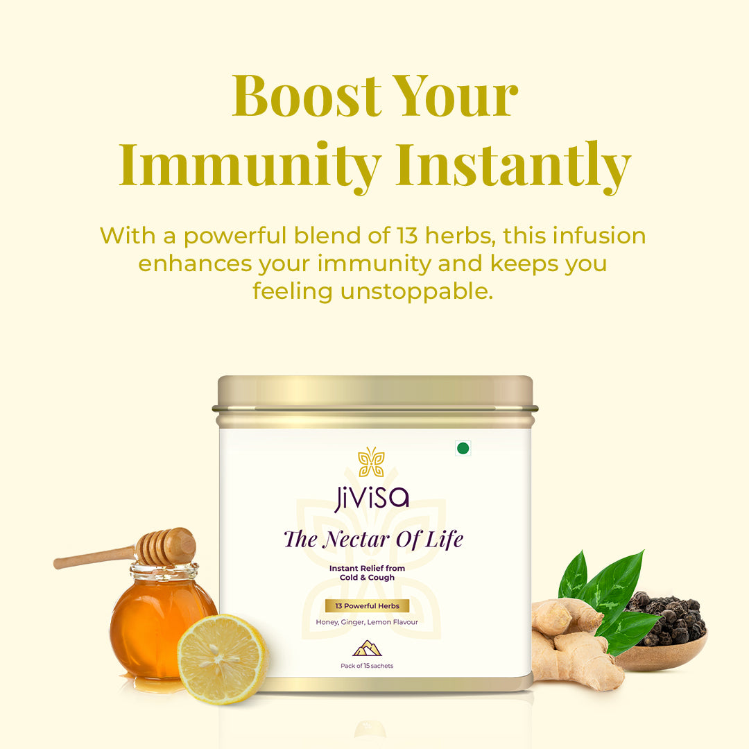 Image features a &quot;JiViSa-The Nectar of Life Instant Immunity Infusion&quot; tin, which states it contains 13 Powerful Herbs Honey, Ginger, Lemon Flavour and is a Pack of 15 sachets. Above the tin, the tagline reads: &quot;Boost Your Immunity Instantly,&quot; followed by descriptive text: With a powerful blend of 13 herbs, this infusion enhances your immunity and keeps you feeling unstoppable. Ingredients like honey, lemon, ginger, and black pepper are also displayed around the tin.