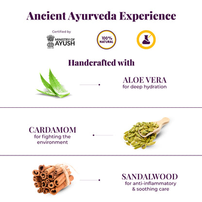 The tagline reads &quot;Ancient Ayurveda Experience,&quot; highlighting the product&