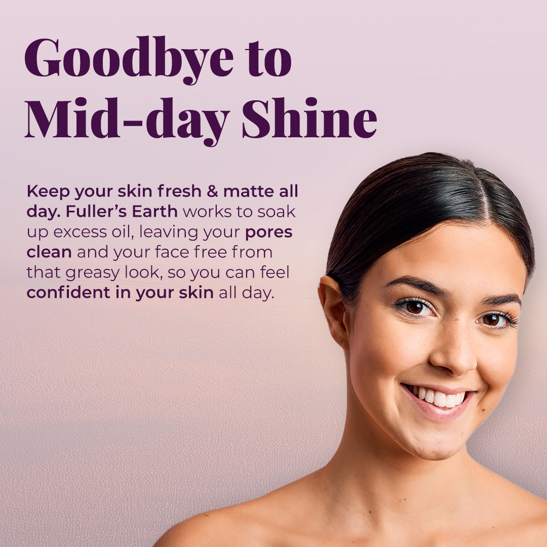 The image featuring a smiling woman with clear skin. The tagline reads &quot;Goodbye to Mid-day Shine&quot; and the description states, Keep your skin fresh &amp; matte all day. Fuller&