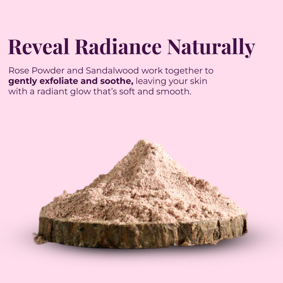 JiViSa Gulaab chandan facial Ubtan powder, place on a circular piece of natural wood. Tagline reads &quot;Reveal Radiance Naturally.&quot; Below that,  text describes the product: Rose Powder and Sandalwood work together to gently exfoliate and soothe, leaving your skin with a radiant glow that&