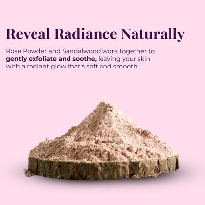 JiViSa Gulaab chandan facial Ubtan powder, place on a circular piece of natural wood. Tagline reads &quot;Reveal Radiance Naturally.&quot; Below that,  text describes the product: Rose Powder and Sandalwood work together to gently exfoliate and soothe, leaving your skin with a radiant glow that&